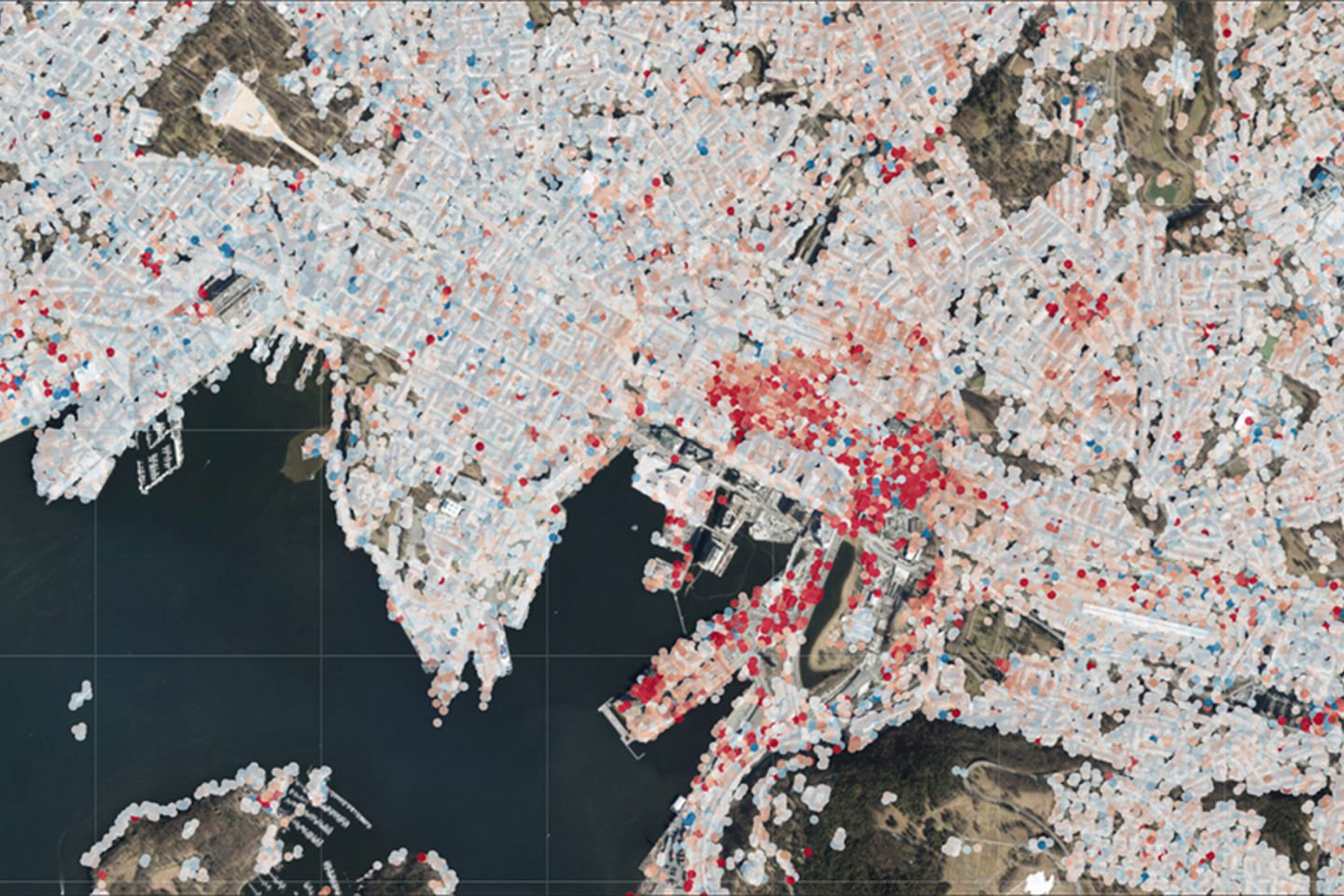 Kart som viser heving og setning av Oslo sentrum fra 2014–2017. Data fra ESAs radarsatellitt