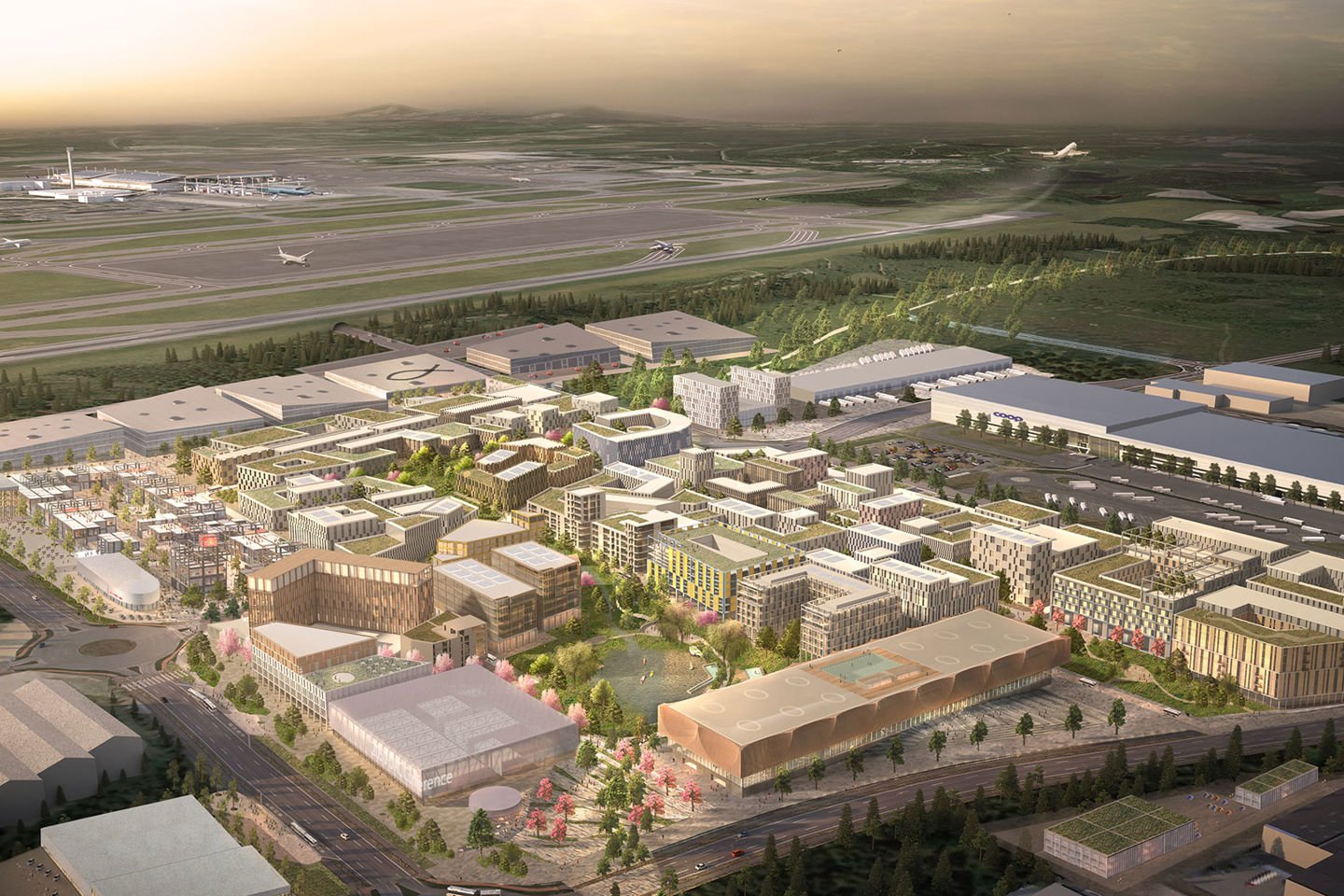 Skisse av muligheter for flyplassby | Illustrasjon: Oslo Airport City